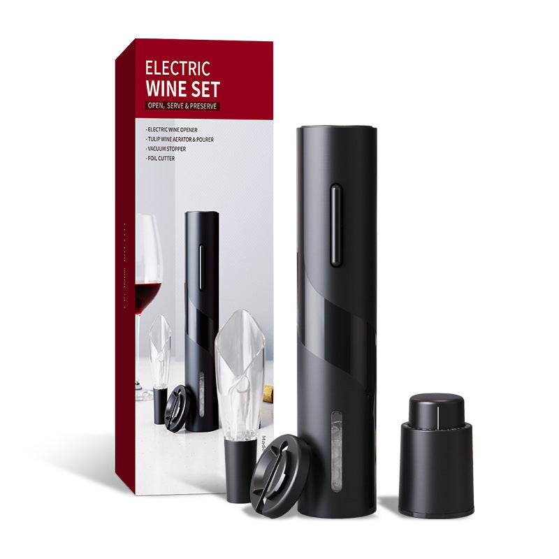 Viral Electrical Wine opener-the PGS-KB1-602102A Bottle Opener Set – a stylish and versatile beverage companion. Package houses essential tools, including a bottle opener, foil knife, wine dispenser, and vacuum plug. Automatic and multi-functional.