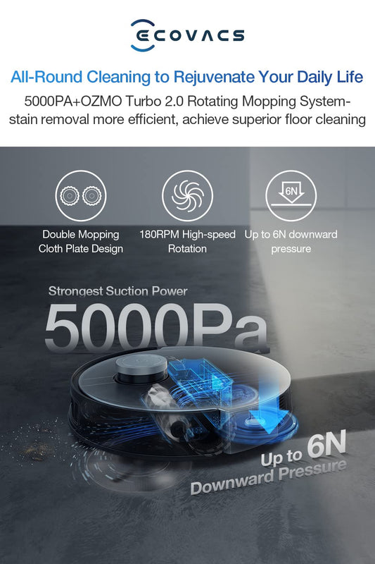 ECOVACS Deebot X1 Turbo Robot Vacuum Cleaner, Sweeping and Mopping, Auto-wash mop, 5000 pa Strong Suction Power, AIVI 3D and OZMO Turbo 2.0 Technology(2 Year Warranty by ECOVACS)