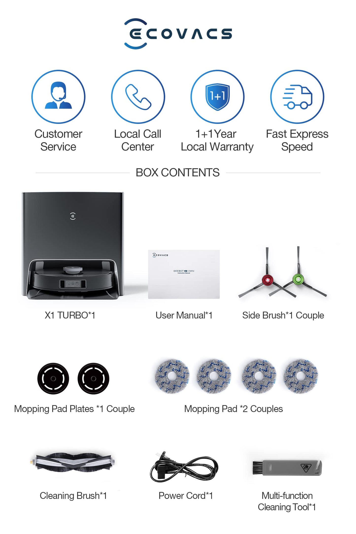 ECOVACS Deebot X1 Turbo Robot Vacuum Cleaner, Sweeping and Mopping, Auto-wash mop, 5000 pa Strong Suction Power, AIVI 3D and OZMO Turbo 2.0 Technology(2 Year Warranty by ECOVACS)
